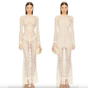 NEW Bronx and Banco Maia Fringe Gown Cream White Lace Long Sleeve Maxi Dress XS